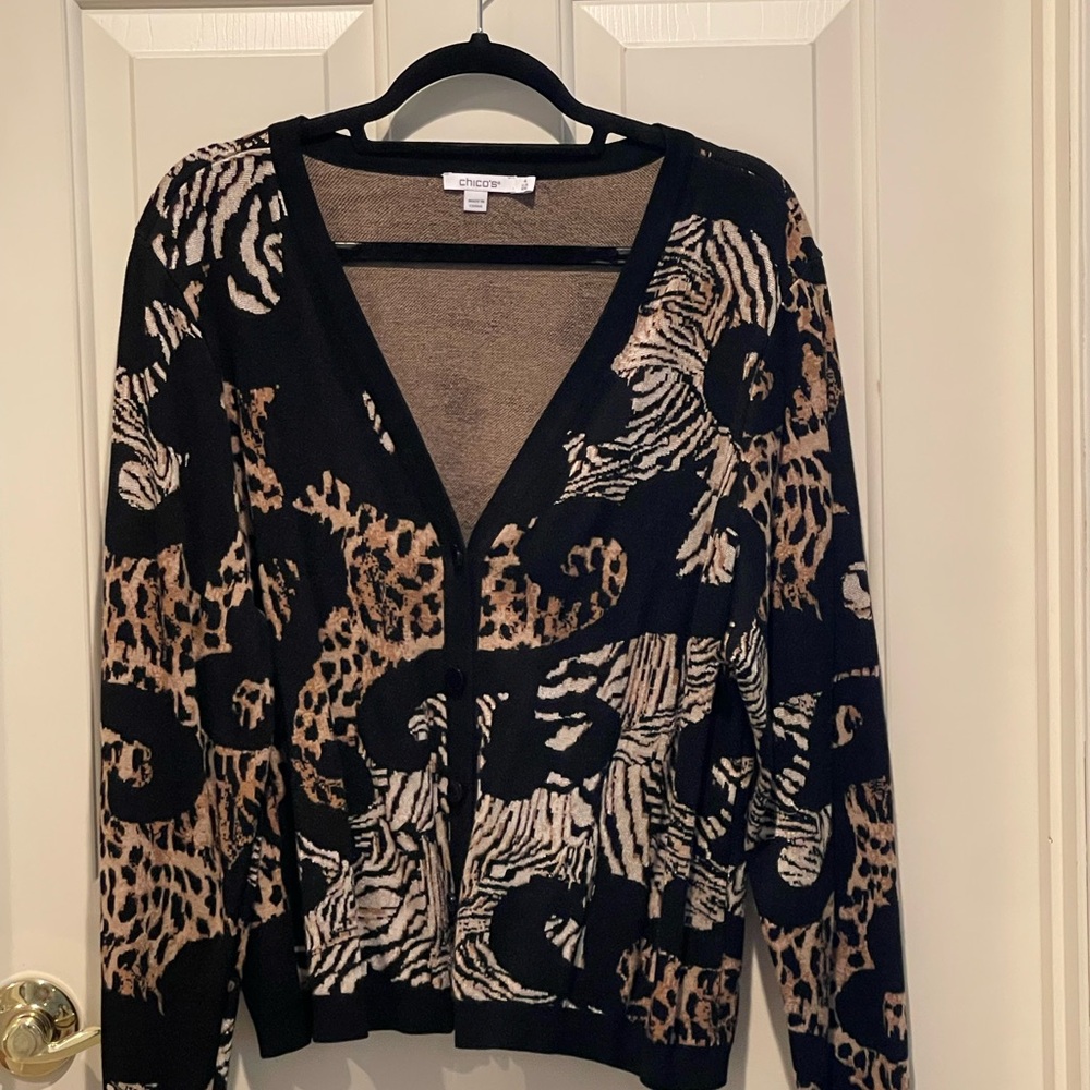 Chico's Black and Brown Animal Patterned Women's Cardigan Sweater